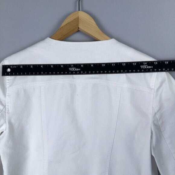 Roz & Ali Cropped Denim Suit Jacket Studded Open Front Womens M Collarless White - Picture 10 of 11